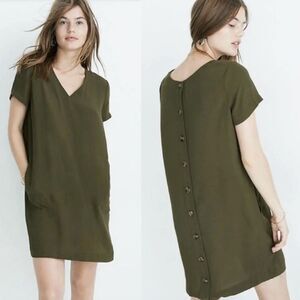Madewell Button-Back Easy Dress (M) Olive Green V-Neck Short Sleeve Boxy Mini